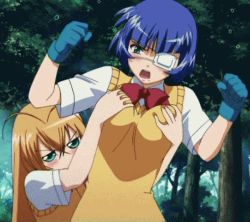 Rule 34 | 00s, 2girls, animated, animated gif, annoyed, antenna hair, assertive female, blue hair, blush, bow, bowtie, grabbing another&#039;s breast, breasts, crossed bangs, embarrassed, eyepatch, female focus, forest, gloves, grabbing, grabbing from behind, green eyes, groping, hands up, ikkitousen, ikkitousen great guardians, large breasts, long hair, lowres, mole, mole under mouth, multiple girls, nature, open mouth, orange hair, outdoors, red neckwear, ryomou shimei, school uniform, short hair, sonsaku hakufu, standing, tree, upper body, vest, yellow vest, yuri