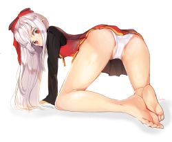 Rule 34 | all fours, artist name, bare legs, barefoot, blush, bow, character request, dolechan, dress, dungeon and fighter, feet, from behind, full body, hair bow, covered mouth, highres, long hair, long sleeves, looking at viewer, looking back, panties, partially visible vulva, pointy ears, red bow, red dress, red eyes, simple background, soles, toes, underwear, white background, white panties