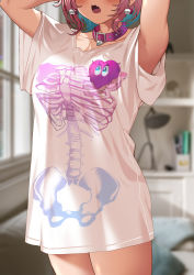 Rule 34 | 1girl, absurdres, bedroom, blue hair, blush, breasts, bsue, collar, collarbone, earrings, fang, head out of frame, heart, heart-shaped lock, heart collar, heart on chest, highres, idolmaster, idolmaster cinderella girls, indoors, jewelry, large breasts, meme, multicolored hair, open mouth, pajamas challenge, pill earrings, pink collar, pink hair, shirt, short hair, short sleeves, skeleton print, solo, standing, t-shirt, two-tone hair, white shirt, yumemi riamu