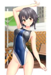 Rule 34 | 1girl, absurdres, beach umbrella, bench, black hair, blue one-piece swimsuit, blurry, braid, brown eyes, chair, competition swimsuit, cowboy shot, depth of field, fence, girls und panzer, grin, highres, looking at viewer, one-piece swimsuit, pepperoni (girls und panzer), short hair, side braid, smile, solo, swimsuit, takafumi, two-tone background, umbrella