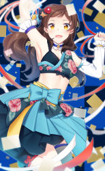 Rule 34 | 1girl, :d, armpits, asymmetrical legwear, asymmetrical sleeves, black bra, blue skirt, bra, breasts, brown hair, cleavage, detached sleeves, floating hair, grey thighhighs, idolmaster, idolmaster million live!, idolmaster million live! theater days, kitazawa shiho, long hair, long sleeves, looking at viewer, midriff, open mouth, red ribbon, ribbon, single thighhigh, skirt, small breasts, smile, solo, stomach, thighhighs, touon, underwear, white sleeves, yellow eyes