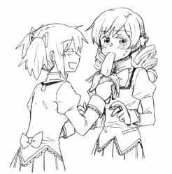 10s 2girls banana drill_hair feeding food fruit greyscale hair_ribbon kaname_madoka mahou_shoujo_madoka_magica mahou_shoujo_madoka_magica_(anime) monochrome multiple_girls ribbon school_uniform sexually_suggestive short_twintails tomoe_mami torinone twin_drills twintails