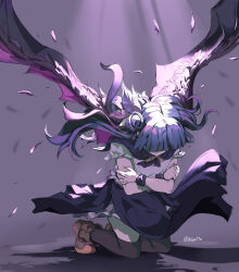 Rule 34 | ankle boots, black capelet, black thighhighs, blue hair, boots, brown footwear, capelet, crossed arms, earrings, falling feathers, feather hair ornament, feathers, full body, genjitsu no yohane, grey background, hair bun, hair ornament, hair over eyes, heart, heart earrings, highres, jewelry, kneeling, layered skirt, light rays, long hair, love live!, love live! sunshine!!, niant9n, scrunchie, shadow, shirt, single hair bun, single side bun, skirt, spread wings, thighhighs, tsushima yoshiko, twitter username, white shirt, wrist scrunchie, yohane (genjitsu no yohane)
