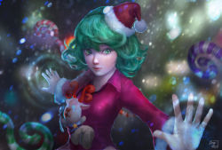 Rule 34 | 1girl, adapted costume, candy, candy cane, curly hair, dress, flat chest, food, green eyes, green hair, hat, highres, lips, matching hair/eyes, nose, one-punch man, outstretched arms, red dress, reindeer, santa hat, short hair, solo, stuffed animal, stuffed toy, tatsumaki, telekinesis, wei chang