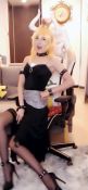 Rule 34 | 1girl, animated, armlet, black dress, blonde hair, bowsette, bowsette (cosplay), bracelet, chair, collar, cosplay, covering privates, covering crotch, dress, embarrassed, fu tuaner, hand on own hip, high heels, horns, indoors, jewelry, looking at viewer, mario (series), nintendo, office chair, panties, pantyshot, photo (medium), sitting, sound, spiked anklet, spiked armlet, spiked bracelet, spiked collar, spikes, super crown, swivel chair, tagme, thighhighs, underwear, video, white panties