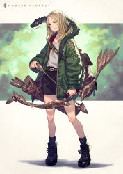 Rule 34 | 1girl, ankle boots, arm at side, arrow (projectile), backpack, bag, belt, black footwear, black legwear, black skirt, boots, bow (weapon), closed mouth, commentary request, creature, creature on shoulder, cross-laced footwear, dragon, fantasy, flat chest, frown, full body, green eyes, green jacket, highres, holding, holding arrow, holding bow (weapon), holding weapon, jacket, kusano shinta, lace-up boots, long hair, long sleeves, miniskirt, on shoulder, open clothes, open jacket, original, quiver, skirt, sleeves past wrists, socks, standing, weapon