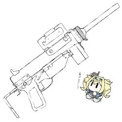 Rule 34 | 1girl, belt, blonde hair, blue shirt, chibi, collared shirt, commentary request, gambier bay (kancolle), grey footwear, gun, hairband, headgear, kantai collection, long hair, m3 submachine gun, no mouth, shirt, shoes, simple background, solo, submachine gun, task (s task80), twintails, weapon, white background, | |