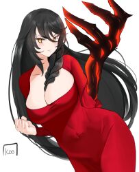 Rule 34 | 1girl, artist name, black hair, blush, breasts, claws, cleavage, clenched hand, closed mouth, commentary, covered navel, dress, hair between eyes, highres, icoo, large breasts, long hair, red dress, simple background, solo, tales of (series), tales of berseria, v-shaped eyebrows, velvet crowe, very long hair, white background, yellow eyes