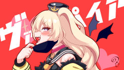 Rule 34 | 1girl, :d, azur lane, bache (azur lane), black hat, black sailor collar, black shirt, blonde hair, blush, commentary request, facial mark, fang, from side, fur-trimmed jacket, fur trim, hair between eyes, hand up, hat, highres, jacket, kurukurumagical, long hair, long sleeves, looking at viewer, looking to the side, mask, mask pull, mouth mask, off shoulder, open mouth, profile, puffy long sleeves, puffy sleeves, purple eyes, red background, sailor collar, sailor hat, shirt, sleeveless, sleeveless shirt, smile, solo, star (symbol), text background, two side up, upper body, vampire (vocaloid), vocaloid, yellow jacket