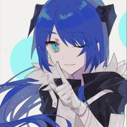 Rule 34 | 1girl, absurdres, arknights, black jacket, blue eyes, blue hair, commentary request, fur-trimmed jacket, fur trim, gloves, grey background, hand up, highres, horns, idass (idass16), index finger raised, jacket, long hair, long sleeves, looking at viewer, mostima (arknights), one eye closed, parted lips, smile, solo, upper body, white gloves
