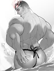 Rule 34 | 1boy, ass, back, bara, closed mouth, facial hair, fundoshi, goatee, greyscale, highres, japanese clothes, looking at viewer, male focus, monochrome, muscular, muscular male, satou shouhei, scar, scar on face, scar on nose, short hair, solo, tokyo houkago summoners, water, wet, yoritomo (housamo)