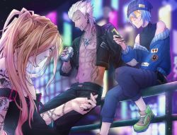 Rule 34 | 0urano0, 3boys, abs, arm tattoo, bad id, bad pixiv id, beer can, black jacket, blue headwear, blue jacket, can, cellphone, chain, chest tattoo, dark-skinned male, dark skin, drink can, ear piercing, earrings, eiji (slow damage), forehead piercing, goggles, hair between eyes, hair over one eye, hat, highres, holding, holding can, holding phone, jacket, jewelry, kotarou (slow damage), light brown hair, lip piercing, long hair, looking at viewer, male focus, mayu (slow damage), multiple boys, navel, necklace, night, on railing, orange-tinted eyewear, outdoors, phone, piercing, railing, ring, shoes, sitting, slow damage, smile, sneakers, spiked hair, tattoo, tinted eyewear, toned, toned male, upper body, white hair
