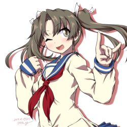 Rule 34 | 1girl, 547th sy, blue sailor collar, commentary request, dark green hair, fox shadow puppet, green eyes, highres, kantai collection, long hair, looking at viewer, \\n/, neckerchief, red neckerchief, sailor collar, school uniform, serafuku, simple background, smile, solo, twintails, upper body, white background, zuikaku (kancolle)