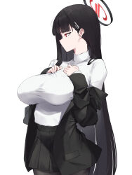 Rule 34 | 1girl, black hair, black pantyhose, black skirt, blue archive, breasts, closed mouth, cowboy shot, formal, hair ornament, hairpin, halo, highres, huge breasts, long hair, long sleeves, makkurourufu, pantyhose, pleated skirt, red eyes, rio (blue archive), simple background, skirt, solo, suit, sweater, white background, white sweater