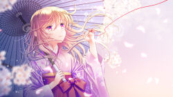Rule 34 | 1girl, blonde hair, cherry blossoms, crying, falling petals, flower, hand up, highres, holding, holding umbrella, japanese clothes, kimono, long hair, long sleeves, looking up, obi, oil-paper umbrella, original, parted lips, petals, plastic moon, purple eyes, sash, solo, string, string around finger, string of fate, tears, umbrella, wide sleeves, wind