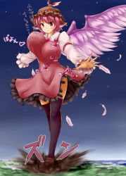 Rule 34 | 1girl, animal ears, black thighhighs, bouncing breasts, breasts, cloud, dautsen, destruction, dress, ear piercing, earrings, feathers, female focus, fingernails, giant, giantess, hat, heart, highres, huge breasts, huge giantess, jewelry, long fingernails, musical note, mystia lorelei, nail polish, outstretched arms, piercing, pink hair, red eyes, short hair, skirt, skirt flip, smile, solo, star (sky), stomping, thighhighs, touhou, unaligned breasts, wings