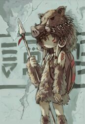 Rule 34 | 1other, androgynous, bare shoulders, boar hat, brown dress, brown hair, brown thighhighs, chinese zodiac, commentary request, crack, cracked wall, detached sleeves, dot nose, dress, earrings, facial mark, fur dress, hands up, holding, holding polearm, holding weapon, jewelry, kezuru, looking to the side, necklace, no sclera, original, pelt, polearm, shield, shield on back, solo, standing, thighhighs, tooth necklace, weapon, whisker markings, year of the pig, | |