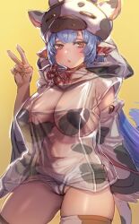 Rule 34 | 1girl, animal ears, animal print, blue hair, blush, bow (bhp), breasts, catura (granblue fantasy), covered erect nipples, cow ears, cow girl, cow hat, cow horns, cow print, draph, ear piercing, granblue fantasy, hand up, hood, hoodie, horns, large breasts, long hair, looking at viewer, no bra, open mouth, piercing, pointy ears, revision, see-through, short shorts, shorts, simple background, solo, thick eyebrows, v, yellow background, yellow eyes