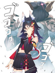 Rule 34 | 1girl, animal ear fluff, animal ears, bare shoulders, bird, black choker, black hair, black skirt, breasts, choker, commentary request, detached sleeves, flipped hair, hair ornament, hairclip, hatotaurus (ookami mio), hololive, jojo no kimyou na bouken, jojo pose, long hair, long sleeves, looking at viewer, medium breasts, menacing (jojo), mikan (chipstar182), multicolored hair, navel, ookami mio, ookami mio (1st costume), open mouth, pleated skirt, red hair, simple background, skirt, stand (jojo), streaked hair, tail, very long hair, virtual youtuber, white background, wolf ears, wolf tail, yellow eyes