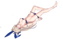 Rule 34 | 1girl, animal ears, bare shoulders, barefoot, blonde hair, blue archive, blue bra, blue hairband, blue panties, blue ribbon, bra, bra pull, breasts, breasts out, cleft of venus, closed mouth, clothes pull, collarbone, dutch angle, fake animal ears, full body, hairband, knee up, large breasts, long hair, looking at viewer, lying, navel, nipples, on back, panties, panty pull, pussy, pussy juice, pussy juice trail, rabbit ears, ribbon, sakura rock, side-tie panties, simple background, sketch, smile, solo, strap slip, toki (blue archive), underwear, underwear only, very long hair, white background