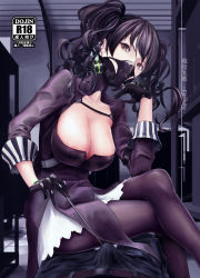 Rule 34 | 1boy, 1girl, areola slip, conductor baton, black gloves, black hair, breasts, brown eyes, bulge, cleavage, cover, cover page, curly hair, double bun, dress, erection, erection under clothes, femdom, gas mask, girls&#039; frontline, gloves, hair bun, head tilt, highres, indoors, large breasts, long hair, looking at viewer, mask, mizukamakiri, pantyhose, sangvis ferri, scarecrow (girls&#039; frontline), sitting, sitting on person, solo focus, twintails, white hair
