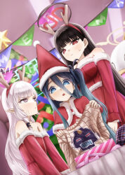 3girls absurdres alternate_costume anger_vein animachiyongman antlers aris_(blue_archive) bare_shoulders black_hair blue_archive blue_eyes blue_hair blunt_bangs blush capelet commentary_request detached_sleeves fake_antlers hair_between_eyes halo highres himari_(blue_archive) horns long_hair multiple_girls open_mouth purple_eyes red_eyes reindeer_antlers rio_(blue_archive) side_ponytail sweatdrop unworn_sweater white_hair