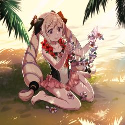 Rule 34 | barefoot, beach, blonde hair, bow, covered navel, drill hair, elise (fire emblem), fire emblem, fire emblem fates, flower, flower necklace, hair bow, jewelry, necklace, nintendo, official art, sand, shade, smile, swimsuit, twin drills