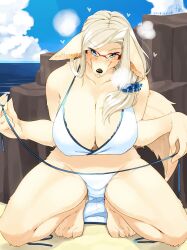 Rule 34 | 1girl, absurdres, animal ears, animal feet, animal nose, artist name, bare shoulders, barefoot, beach, bikini, blonde hair, blue eyes, blue scrunchie, blue sky, blush, body fur, breasts, breath, claws, cleavage, cloud, collarbone, covered erect nipples, dated, day, dog ears, dog girl, dog tail, ears down, fangs, feet, female focus, furry, furry female, glasses, groin, hair ornament, hair scrunchie, half-closed eyes, hands up, happy, heart, highres, huge breasts, kame (3t), long hair, looking at viewer, naughty face, ocean, open mouth, original, outdoors, red-framed eyewear, rock, sand, scrunchie, semi-rimless eyewear, side-tie bikini bottom, sidelocks, signature, sky, smile, snout, solo, spread legs, squatting, straight-on, swimsuit, tail, thick thighs, thighs, untied bikini, v-shaped eyebrows, water, white bikini, yellow fur