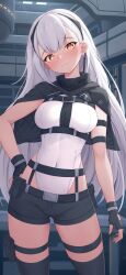 Rule 34 | 1girl, absurdres, ak-alfa (girls&#039; frontline), arm strap, belt, belt pouch, black capelet, black gloves, black hairband, black shorts, black thighhighs, blush, breasts, brown eyes, capelet, closed mouth, contrapposto, cowboy shot, fingerless gloves, framed breasts, girls&#039; frontline, girls&#039; frontline 2: exilium, gloves, hairband, highres, indoors, leotard, long hair, looking at viewer, medium breasts, pouch, short shorts, shorts, smile, solo, thigh strap, thighhighs, trimbil, very long hair, white hair, white leotard