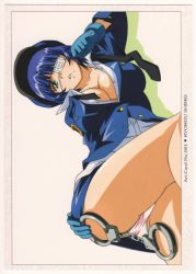Rule 34 | 00s, 1girl, blue hair, breasts, cleavage, cuffs, eyepatch, gloves, green eyes, handcuffs, ikkitousen, large breasts, panties, pantyshot, police, police uniform, ryomou shimei, short hair, solo, underwear, uniform, upskirt