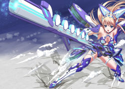 Rule 34 | 1girl, armor, bikini armor, blonde hair, blue eyes, blush, breasts, chaki-yam, collarbone, female focus, gauntlets, greaves, gun, headband, holding, light particles, long hair, mecha musume, open mouth, original, rifle, solo, standing, thigh strap, thighhighs, weapon