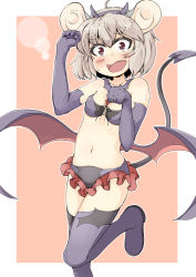 Rule 34 | 1girl, ahoge, alternate costume, animal ears, bare shoulders, blush, boots, border, breasts, collarbone, demon horns, demon tail, demon wings, elbow gloves, fake horns, female focus, frills, gloves, grey hair, hairband, hands up, horns, knees together feet apart, leg lift, looking at viewer, mepikari, mouse ears, navel, nazrin, open mouth, orange background, outline, paw pose, purple footwear, purple gloves, purple thighhighs, short hair, simple background, small breasts, smile, solo, standing, standing on one leg, sweat, tail, tears, thigh boots, thighhighs, touhou, white border, wings