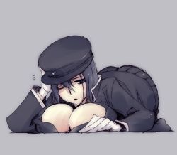 Rule 34 | 10s, 1girl, akitsu maru (kancolle), black eyes, black hair, blouse, breasts, gloves, hat, ichi (yukinko), kantai collection, large breasts, leaning forward, looking at viewer, military, military uniform, miniskirt, open clothes, open shirt, pale skin, peaked cap, pleated skirt, shirt, short hair, skirt, solo, uniform, white gloves