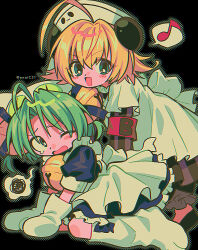 Rule 34 | 2girls, ahoge, all fours, animal hat, animal print, apron, armband, bear print, behind another, bell, black background, black dress, blonde hair, blue eyes, blush stickers, boots, cat hat, commentary, curtained hair, dejiko, di gi charat, dress, flipped hair, furrowed brow, gloves, green eyes, green hair, hair bell, hair ornament, halftone, hat, highres, jingle bell, knee boots, looking at another, looking back, maid, menma (enaic31), multiple girls, musical note, neck bell, nurse cap, one eye closed, outline, panda print, paw shoes, piyoko, puffy short sleeves, puffy sleeves, purple dress, red armband, short sleeves, simple background, sleeve cuffs, spoken musical note, spoken squiggle, squiggle, standing, striped clothes, striped dress, tearing up, twitter username, two-tone dress, two side up, v-shaped eyebrows, vertical-striped clothes, vertical-striped dress, vertical-striped sleeves, white apron, white footwear, white gloves