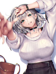 Rule 34 | 1girl, bag, black choker, blurry, blush, breasts, brown skirt, choker, commentary request, depth of field, green eyes, grin, hand on own head, highres, hololive, large breasts, long sleeves, looking at viewer, lying, medium hair, on back, outstretched arm, piromizu, reaching, reaching towards viewer, shirogane noel, shirogane noel (casual), silver hair, simple background, skirt, smile, solo, strap, sweater, virtual youtuber, watch, white background, white sweater, wristwatch