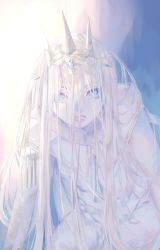 Rule 34 | 1girl, absurdres, blue background, blue eyes, blue theme, crown, fortisselle, gradient background, highres, long hair, looking at viewer, monochrome, muted color, open mouth, sophia (the champion), the champion, white background, white hair