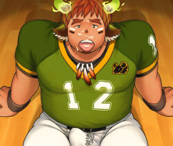 Rule 34 | 1boy, american football uniform, animal ears, arms at sides, bara, brown eyes, brown hair, bulge, covered erect nipples, cow boy, cow ears, cow horns, cum, cum in mouth, dark-skinned male, dark skin, erection, erection under clothes, facial, facial hair, feather necklace, feet out of frame, fiery horns, forked eyebrows, from above, glowing horns, goatee, green shirt, highres, horns, implied yaoi, jewelry, large pectorals, looking at viewer, male focus, muscular, muscular male, necklace, norijaga, pectorals, pov, precum, precum through clothes, shirt, short hair, short sleeves, shorts, sitting, solo, spiked hair, sportswear, thick eyebrows, tight clothes, tight shirt, tokyo houkago summoners, tongue, tongue out, torogao, wakan tanka, white shorts