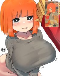Rule 34 | 1girl, :p, absurdres, alternate breast size, artist name, black hair, blunt bangs, blush, bottomless, breasts, bright pupils, closed mouth, firewpood, food, french fries, highres, huge breasts, mcdonald&#039;s, mother (yoru mac), mother (yoru mac), orange hair, short hair, simple background, smile, solo, tongue, tongue out, white background, white pupils, yoru mac