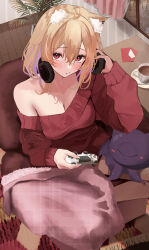 Rule 34 | 1girl, absurdres, ahoge, alheitrakzoth, animal ear fluff, animal ears, bare shoulders, blonde hair, blush, breasts, cat ears, cleavage, closed mouth, coffee mug, collarbone, commentary request, commission, controller, couch, cup, game controller, hair between eyes, hand up, hands on headphones, highres, holding, holding controller, holding game controller, indoors, large breasts, long bangs, long sleeves, looking at viewer, looking up, medium hair, mug, off-shoulder sweater, off shoulder, on couch, oreazu, red eyes, red sweater, shyrei faolan, sitting, skeb commission, solo, sweater, table, virtual youtuber, vyugen