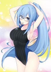 Rule 34 | 1girl, armpits, arms behind head, arms up, bare arms, bare shoulders, black-framed eyewear, black one-piece swimsuit, blue eyes, blue hair, blush, breasts, collarbone, commentary request, competition swimsuit, cowboy shot, emori miku, floating hair, glasses, hair tie in mouth, highres, large breasts, liver city, long hair, looking at viewer, miko (royal milk), mouth hold, one-piece swimsuit, ponytail, sidelocks, smile, solo, standing, swimsuit, thighs, very long hair