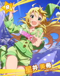 Rule 34 | 10s, 1girl, blonde hair, character name, female focus, green eyes, hoshii miki, idolmaster, idolmaster (classic), idolmaster million live!, kawakami tetsuya, looking at viewer, official art, open mouth, smile, solo
