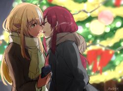 Rule 34 | 2girls, black coat, blonde hair, blurry, blurry background, breath, brown coat, brown scarf, cellphone, christmas, christmas tree, closed eyes, coat, commentary request, dark-skinned female, dark skin, earrings, enpera, fang, holding, holding phone, hololive, houshou marine, imminent kiss, jewelry, long hair, multicolored hair, multiple girls, outdoors, parted lips, phone, pointy ears, red eyes, red hair, scarf, shiranui flare, skin fang, smartphone, streaked hair, tsubudashi, twitter username, upper body, virtual youtuber, white hair, white scarf, yuri