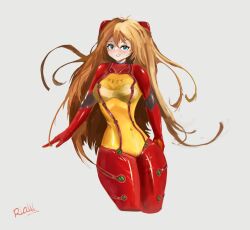 Rule 34 | 1girl, blue eyes, bodysuit, breasts, brown hair, evangelion: 2.0 you can (not) advance, highres, interface headset, latex, long hair, looking at viewer, medium breasts, multicolored bodysuit, multicolored clothes, neon genesis evangelion, plugsuit, rebuild of evangelion, red bodysuit, rialll, see-through, see-through bodysuit, simple background, skin tight, solo, souryuu asuka langley, test plugsuit, thick thighs, thighs, two-tone bodysuit, two side up