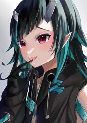 Rule 34 | 1girl, nanashi inc., black gloves, black hair, black jacket, blue hair, blush, clothing cutout, commentary request, demon girl, demon horns, fang, flat chest, gloves, grey background, hand to own mouth, highres, horns, jacket, long hair, long sleeves, looking at viewer, multicolored hair, open mouth, pointy ears, red eyes, shishio chris, shoulder cutout, smile, solo, sugar lyric, two-tone hair, upper body, virtual youtuber, yuru. (m29125567), zipper