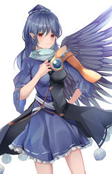 Rule 34 | 1girl, absurdres, blue dress, blue hair, blue hat, blue scarf, blue sleeves, breasts, closed mouth, dress, hair between eyes, hand on own hip, hand up, hat, highres, iizunamaru megumu, koizumo, long sleeves, looking at viewer, medium hair, red eyes, scarf, simple background, small breasts, smile, solo, standing, touhou, white background, wings