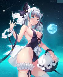 Rule 34 | 1girl, aqua eyes, azur lane, ball, bare shoulders, beachball, black hair, black one-piece swimsuit, blush, breasts, cheshire (azur lane), cleavage, frills, full moon, groin, hairband, hand up, highres, holding, holding ball, holding beachball, large breasts, leg strap, looking at viewer, maid headdress, moon, multicolored hair, night, one-piece swimsuit, ribbon, sky, smile, solo, star (sky), starry sky, streaked hair, swimsuit, thigh strap, thighhighs, thighs, uosaasou, white thighhighs, wrist cuffs