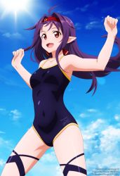 Rule 34 | 1girl, ahoge, alternate costume, armpits, blue one-piece swimsuit, breasts, collarbone, competition school swimsuit, day, derivative work, floating hair, from side, hair intakes, hair tubes, headband, highres, long hair, one-piece swimsuit, outdoors, pointy ears, purple hair, red headband, school swimsuit, shiny skin, shugo19, signature, small breasts, solo, summer, sun, swimsuit, sword art online, thigh strap, thighs, very long hair, watermark, web address, wide hips, yuuki (sao)