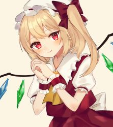 Rule 34 | 1girl, ascot, back bow, beige background, blonde hair, blush, bow, closed mouth, commentary request, crystal, dutch angle, flandre scarlet, frilled sleeves, frills, hat, hat ribbon, highres, looking at viewer, mob cap, one side up, own hands clasped, own hands together, puffy short sleeves, puffy sleeves, raki (for03ge), red bow, red eyes, red skirt, red vest, ribbon, short hair, short sleeves, simple background, skirt, skirt set, smile, swept bangs, touhou, upper body, vest, wings, yellow ascot