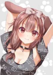 Rule 34 | 1girl, :3, absurdres, animal ears, arms up, asahina yori, belt collar, blush, bone print, bow, breasts, brown bow, brown eyes, brown hair, cleavage, close-up, closed mouth, collar, commentary request, dog ears, dog girl, grey background, hair between eyes, hair bow, hair ornament, highres, hololive, inugami korone, inugami korone (loungewear), large breasts, licking lips, long hair, looking at viewer, low-tied long hair, official alternate costume, paw print, pom pom (clothes), pom pom hair ornament, short sleeves, simple background, smile, solo, tongue, tongue out, virtual youtuber, white background