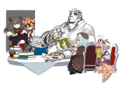 Rule 34 | 2boys, animal ears, arknights, bear ears, blue eyes, blue hair, book, brown hair, chair, chinese commentary, closed eyes, commentary request, cookie, cup, drinking, food, furry, furry female, furry male, glasses, grey hair, highres, holding, holding book, holding cup, istina (arknights), jaye (arknights), looking at another, may (arknights), mountain (arknights), multicolored hair, multiple boys, open book, pink hair, pinky out, plate, red-framed eyewear, red hair, sitting, streaked hair, sweat, teacup, tiger ears, waai fu (arknights), yu yanshu, zima (arknights)